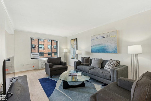 130 8th Ave Unit 6E, New York City, NY 11215 - living area featuring radiator, light wood-type flooring, crown molding, and cooling unit