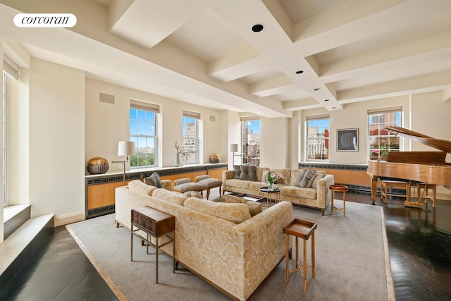 28 E 70th St Unit Ph1, New York City, NY 10021 - living area featuring coffered ceiling, beamed ceiling, and dark wood-style floors
