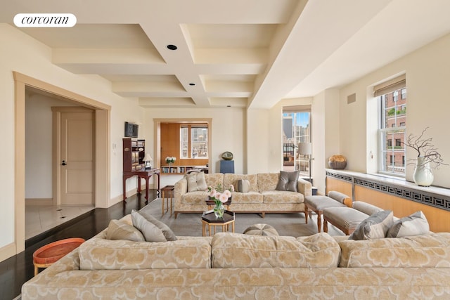 28 E 70th St Unit Ph1, New York City, NY 10021 - living area featuring coffered ceiling, beam ceiling, and dark wood-style flooring