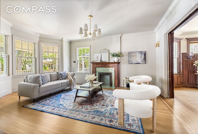 320 E 18th St Unit 5, New York City, NY 11226 - living area featuring light wood-style flooring, a chandelier, crown molding, and a fireplace with flush hearth