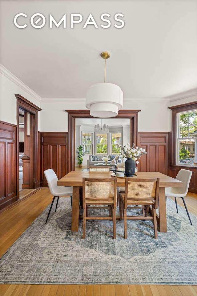 320 E 18th St Unit 5, New York City, NY 11226 - dining room with a wainscoted wall, wood finished floors, ornamental molding, and a decorative wall
