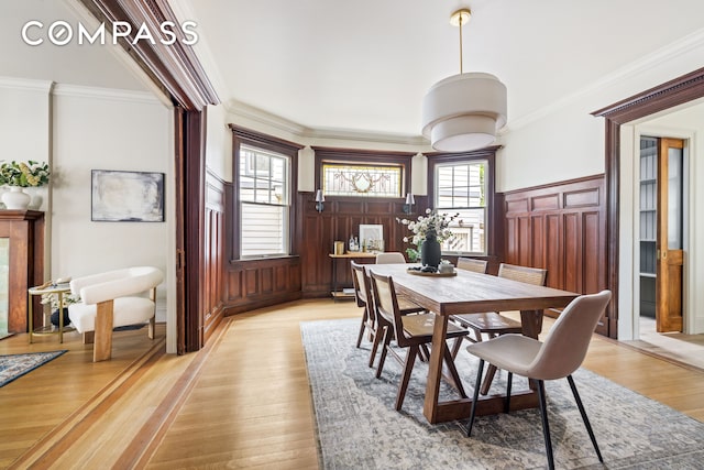 320 E 18th St Unit 5, New York City, NY 11226 - dining room with light wood-type flooring, a wainscoted wall, ornamental molding, and a decorative wall