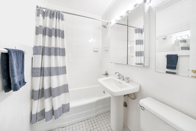 308 W 103rd St Unit 5C, New York City, NY 10025 - bathroom with shower / bath combo with shower curtain, tile walls, and tile patterned floors