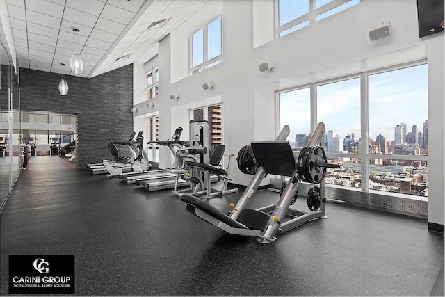 350 W 42nd St Unit 46E, New York City, NY 10036 - exercise room with a towering ceiling, a view of skyline, and a paneled ceiling