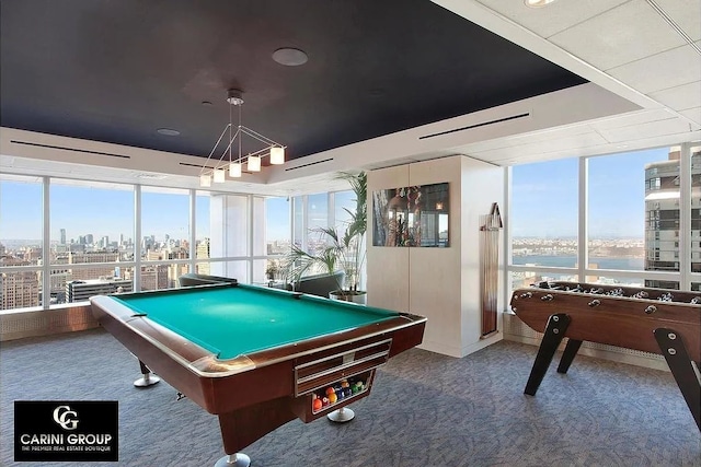 350 W 42nd St Unit 46E, New York City, NY 10036 - game room with carpet, billiards table, a view of city, and a water view