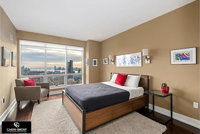 350 W 42nd St Unit 46E, New York City, NY 10036 - bedroom with dark wood-style flooring and a view of city
