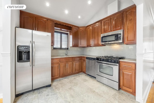 57 Bay 31st St Unit 3A, New York City, NY 11214 - kitchen with appliances with stainless steel finishes, light countertops, backsplash, lofted ceiling, and recessed lighting