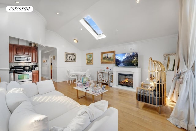 57 Bay 31st St Unit 3A, New York City, NY 11214 - living room with a skylight, vaulted ceiling, light wood-type flooring, a glass covered fireplace, and recessed lighting