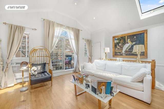 57 Bay 31st St Unit 3A, New York City, NY 11214 - living area featuring lofted ceiling, a skylight, a baseboard heating unit, and wood finished floors