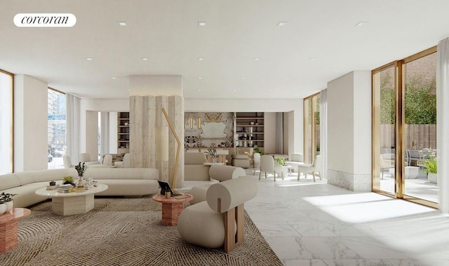 250 E 25th St Unit 9D, New York City, NY 10010 - living area featuring marble finish floors and floor to ceiling windows