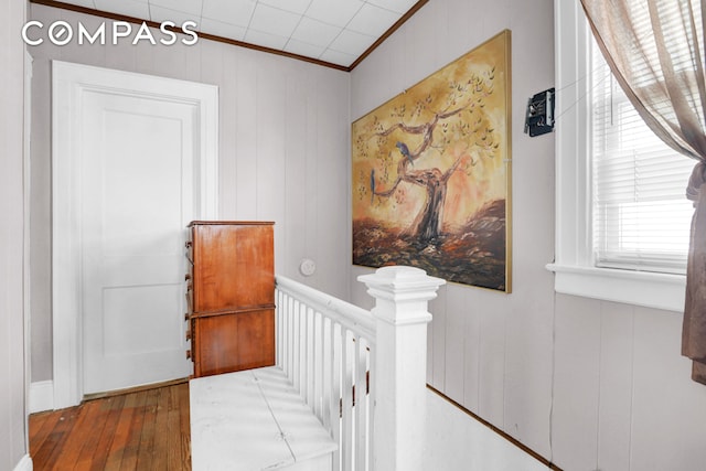 88-29 212th St, New York City, NY 11427 - hall with ornamental molding, an upstairs landing, and wood-type flooring