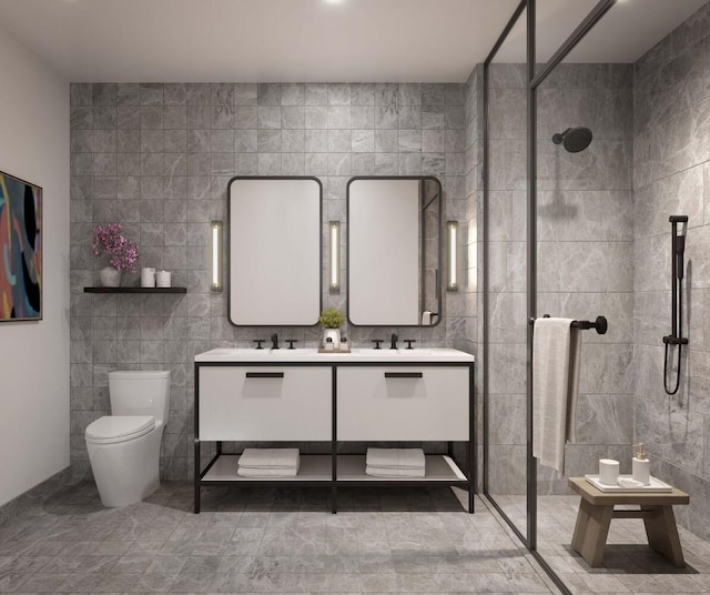 29 Huron St Unit 7Fe, New York City, NY 11222 - full bathroom featuring tiled shower, tile walls, and double vanity
