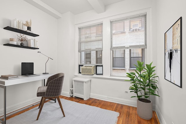 66 Madison Ave Unit 2De, New York City, NY 10016 - office space featuring wood finished floors, beam ceiling, radiator heating unit, and cooling unit