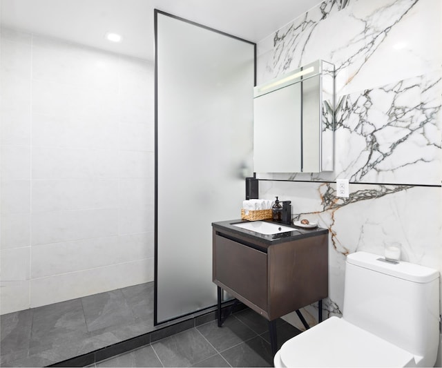 210 Jackson St Unit 2, New York City, NY 11211 - full bath featuring vanity, walk in shower, recessed lighting, tile patterned floors, and tile walls