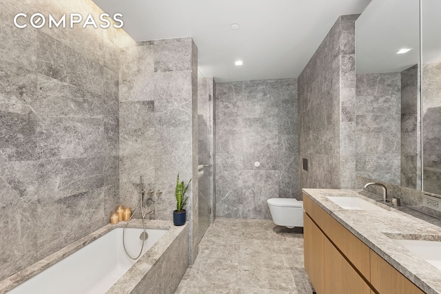 611 W 56th St Unit 2B, New York City, NY 10019 - full bath with a garden tub, double vanity, tile walls, and a shower