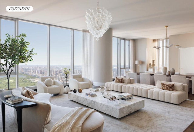 217 W 57th St Unit 82E, New York City, NY 10019 - living area featuring a chandelier, floor to ceiling windows, and healthy amount of natural light