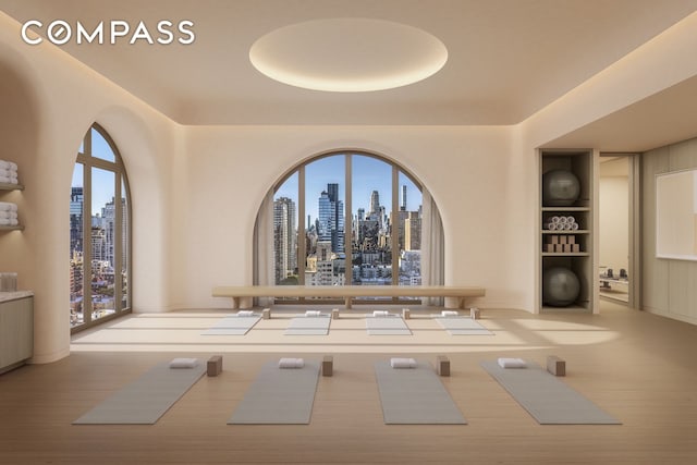 255 E 77th St Unit 3D, New York City, NY 10075 - corridor with a skyline view, built in features, and plenty of natural light