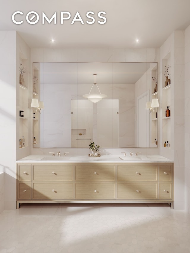 255 E 77th St Unit 3D, New York City, NY 10075 - full bathroom with double vanity and tile patterned floors