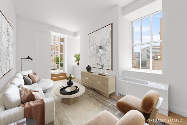 1 Wall St Unit 2413, New York City, NY 10005 - living room featuring radiator heating unit, plenty of natural light, and light wood-style floors