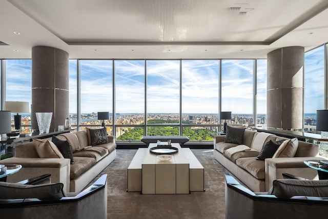 157 W 57th St Unit 64, New York City, NY 10019 - living room with expansive windows and a view of city