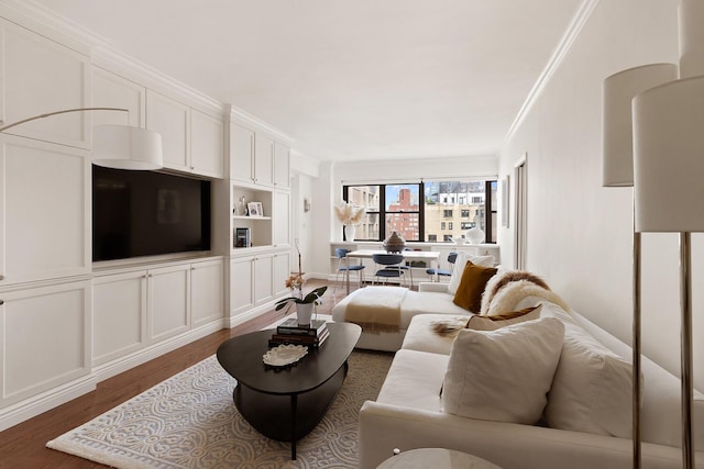 165 E 72nd St Unit 16D, New York City, NY 10021 - living room featuring dark wood-type flooring, crown molding, and built in shelves