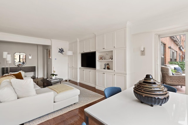 165 E 72nd St Unit 16D, New York City, NY 10021 - living area featuring dark wood finished floors and ornamental molding