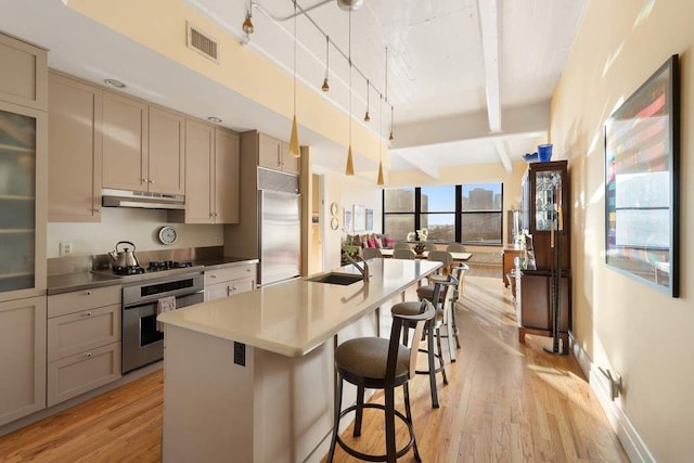 1 Main St Unit 10K, New York City, NY 11201 - kitchen with appliances with stainless steel finishes, under cabinet range hood, light wood finished floors, beam ceiling, and a center island with sink