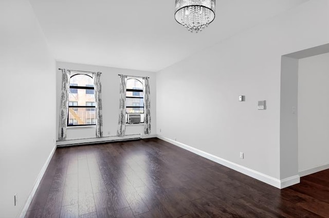 51 W 131st St Unit 4-A, New York City, NY 10037 - empty room with a baseboard heating unit, dark wood-style flooring, a chandelier, and cooling unit