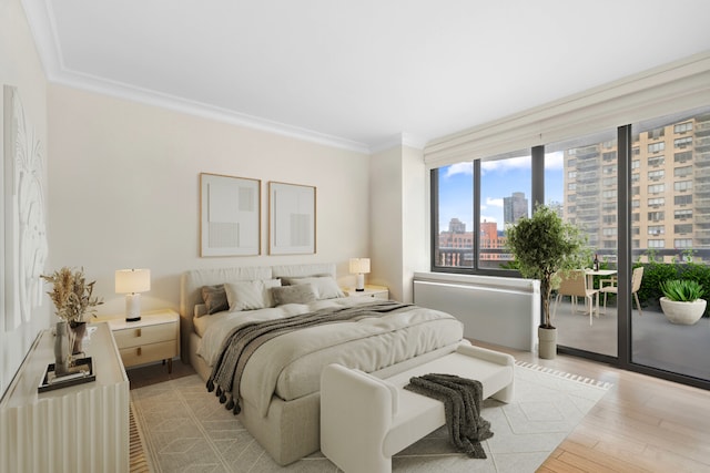 157 E 32nd St Unit 21B, New York City, NY 10016 - bedroom featuring a view of city, access to outside, light wood-style flooring, and ornamental molding