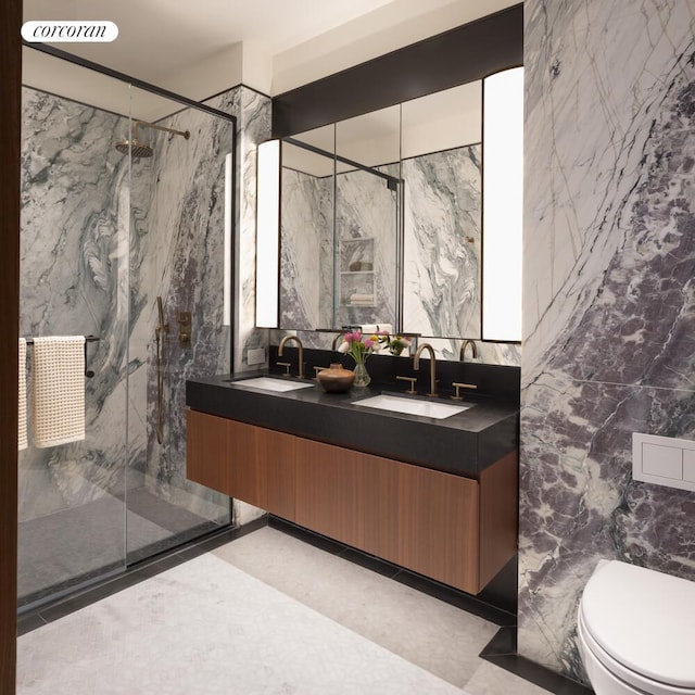 85 Fleet St Unit 73A, New York City, NY 11201 - bathroom with a marble finish shower, double vanity, and tile walls