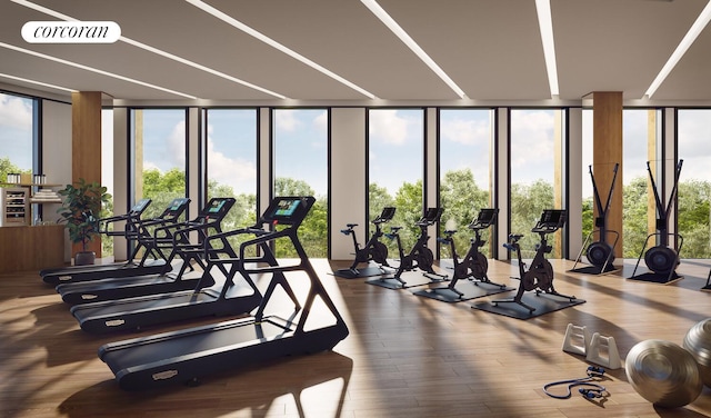 85 Fleet St Unit 73A, New York City, NY 11201 - workout area featuring expansive windows and wood finished floors