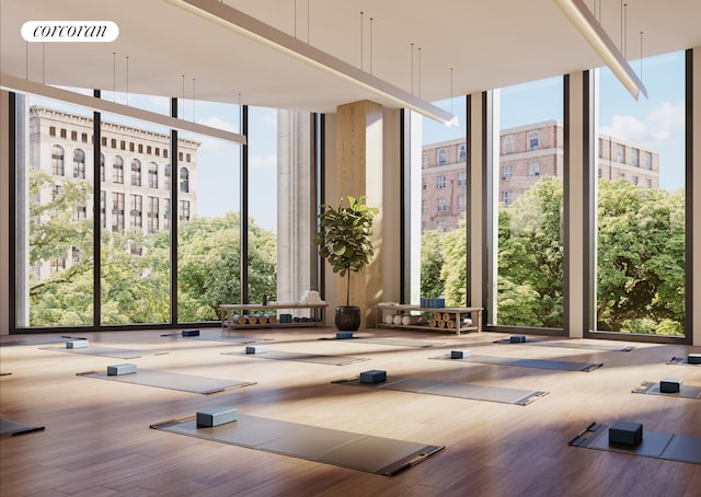 85 Fleet St Unit 73A, New York City, NY 11201 - gym featuring expansive windows and wood finished floors