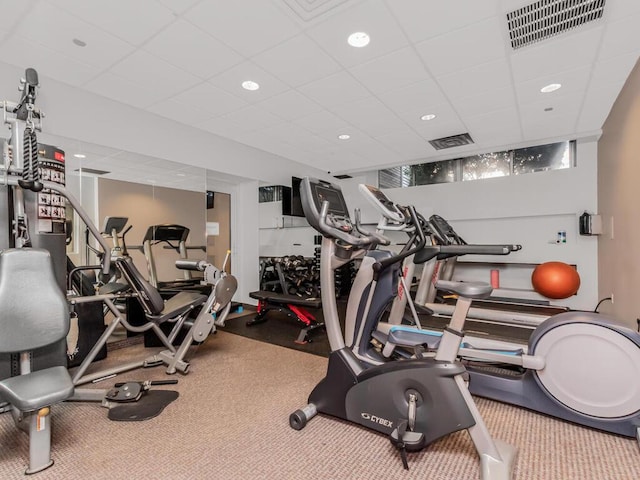 301 W 118th St Unit 7-H, New York City, NY 10026 - workout area featuring plenty of natural light, a drop ceiling, carpet, and recessed lighting