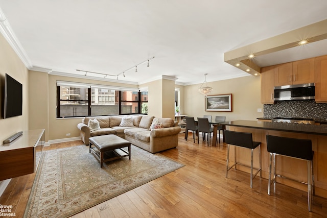 357 E 57th St Unit 3D, New York City, NY 10022 - living room with rail lighting, crown molding, light wood-style floors, and a chandelier