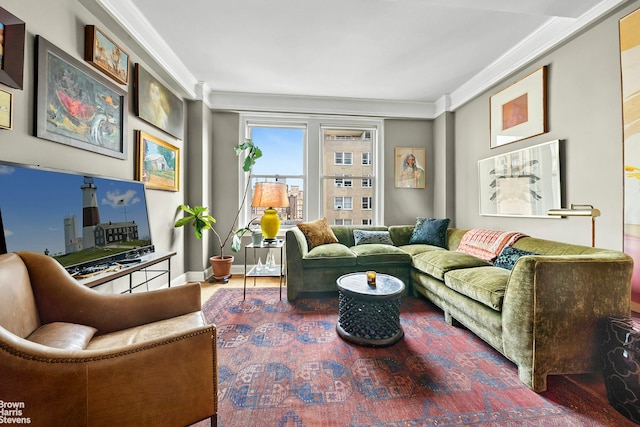 242 E 19th St Unit 13E, New York City, NY 10003 - living room with ornamental molding and wood finished floors