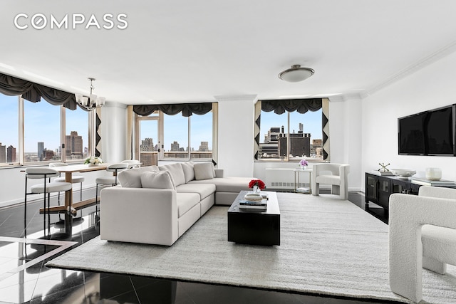 200 E 89th St Unit 34Cd, New York City, NY 10128 - living area with a skyline view, crown molding, and a chandelier