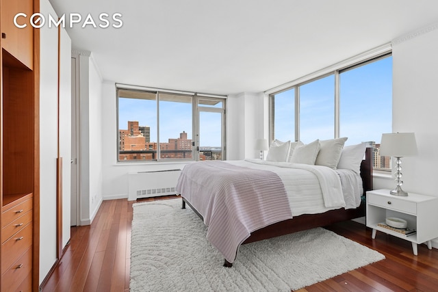 200 E 89th St Unit 34Cd, New York City, NY 10128 - bedroom featuring radiator, wood-type flooring, and a city view