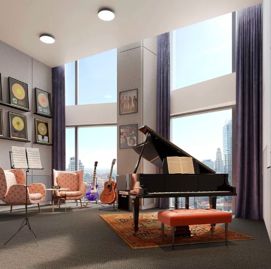 11 Hoyt St Unit 39F, New York City, NY 11201 - living area featuring a towering ceiling and carpet
