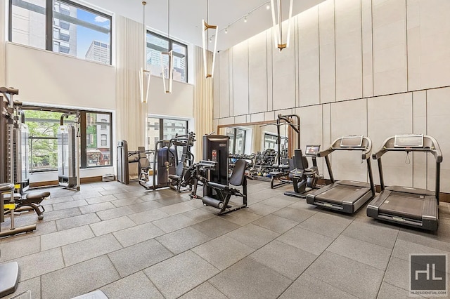 301 E 50th St Unit 5B, New York City, NY 10022 - workout area with a high ceiling and rail lighting