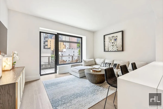 301 E 50th St Unit 5B, New York City, NY 10022 - living area with light wood-type flooring and baseboards