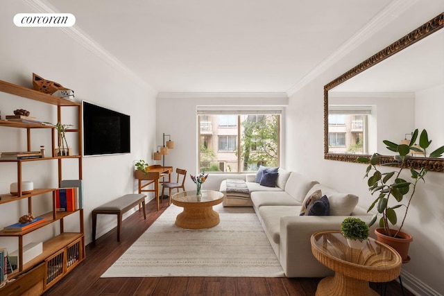 200 E 69th St Unit 2R, New York City, NY 10021 - living area featuring ornamental molding and dark wood-type flooring
