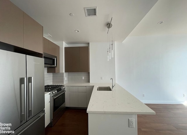 27-17 42nd Rd Unit 14G, New York City, NY 11101 - kitchen with stainless steel appliances, a peninsula, dark wood finished floors, decorative backsplash, and recessed lighting