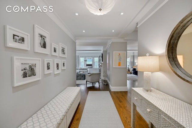 7 E 85th St Unit 5Ab, New York City, NY 10028 - hallway with dark wood-style floors, recessed lighting, and ornamental molding