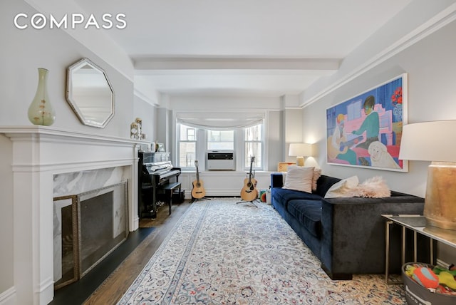 7 E 85th St Unit 5Ab, New York City, NY 10028 - living room with a premium fireplace, wood finished floors, beam ceiling, and cooling unit