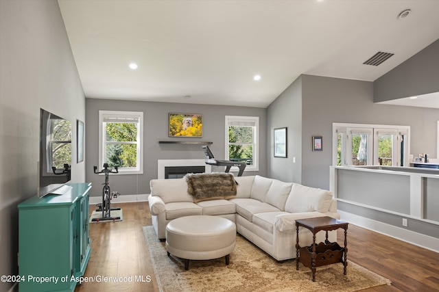 313 Cerise Ranch Rd, Carbondale, CO 81623 - living room featuring wood finished floors, recessed lighting, baseboards, vaulted ceiling, and a glass covered fireplace