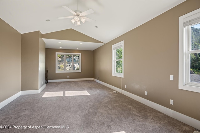 313 Cerise Ranch Rd, Carbondale, CO 81623 - unfurnished room with light carpet, ceiling fan, lofted ceiling, and baseboards