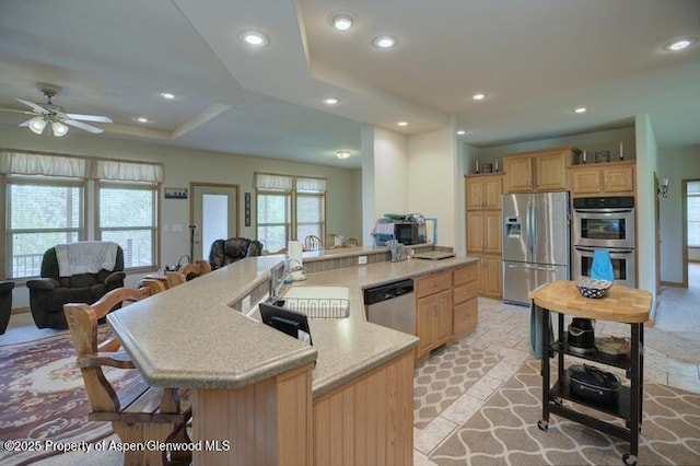 14651 County Road 3, Craig, CO 81625 - kitchen featuring appliances with stainless steel finishes, a sink, open floor plan, light brown cabinets, and light countertops