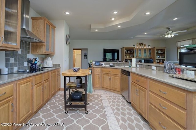 14651 County Road 3, Craig, CO 81625 - kitchen featuring wall chimney range hood, dishwasher, recessed lighting, tasteful backsplash, and open floor plan