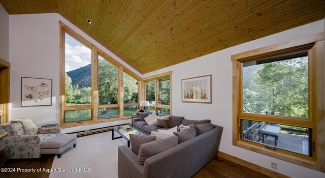 living room featuring a mountain view, a baseboard radiator, wooden ceiling, and vaulted ceiling