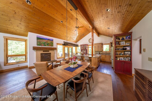 dining area with wooden ceiling, dark wood-type flooring, high vaulted ceiling, ceiling fan, and beamed ceiling